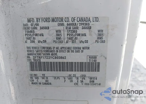 2000 Ford F-150 Work Series/Xl/Xlt z USA, uszkodzony, nr VIN 2FTRF17Z2YCB03862